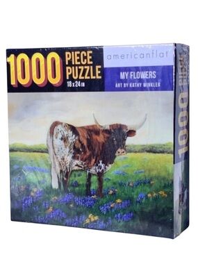 AmericanFlat Jigsaw Puzzle My Flowers Cow Farm 1000 Pc New Sealed NIB 18 x 24 in